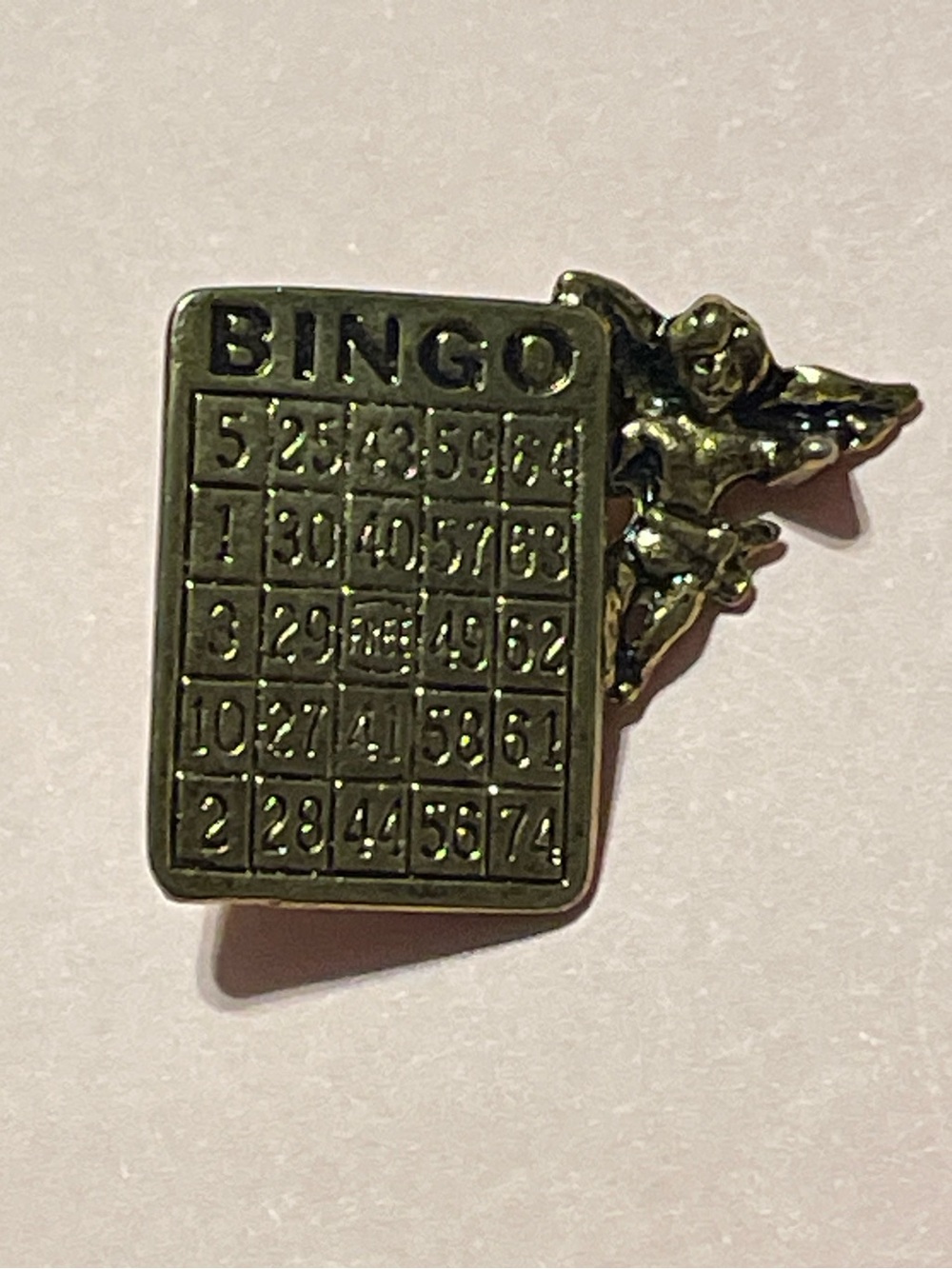 Vintage Bingo Card Pin Brooch Good Luck Angel Cherub #0241